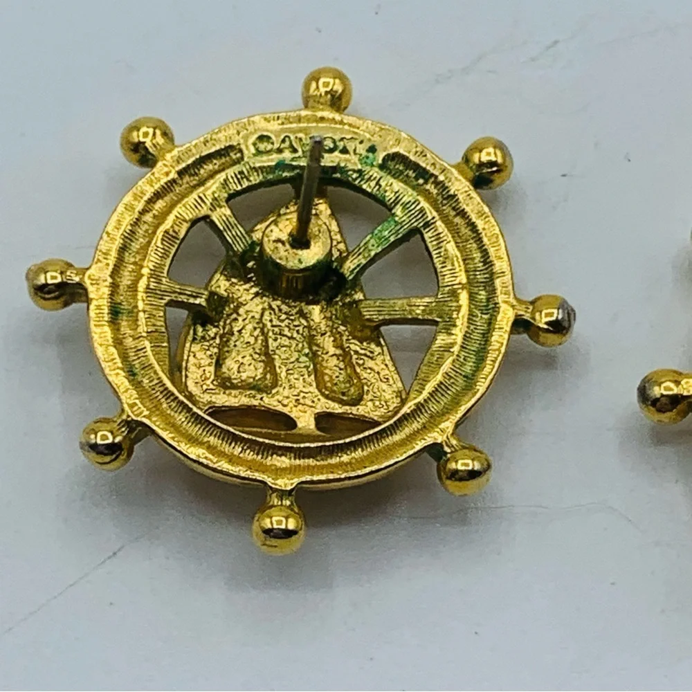 Avon Nautical Earrings Enamel Sailboat Ships Wheel Pierced Gold Tone Vin…
